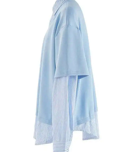 Blue Striped Spliced Casual Sweatshirt New Lapel Long Sleeve Women Big Size Fashion Tide Spring Autumn 2025 CPG2244