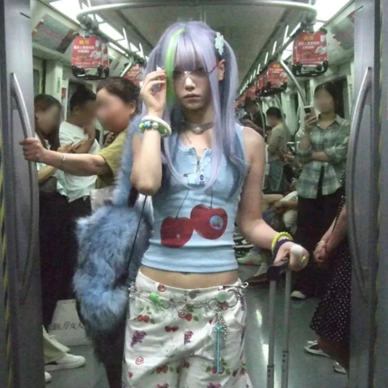 Japanese Y2k Tank Top Vintage Harajuku Ribbbed Top Trashy 2000s Zipper Tanktop Grunge Aesthetics Crop Top American Retro