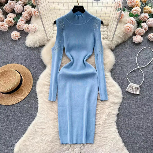 Load image into Gallery viewer, Autumn Elegant Half High Neck Long Sleeves Hollow Out Diamonds Hip Wrap Dress 2023 Fashion Slim Knitted Midi Dress French Simple
