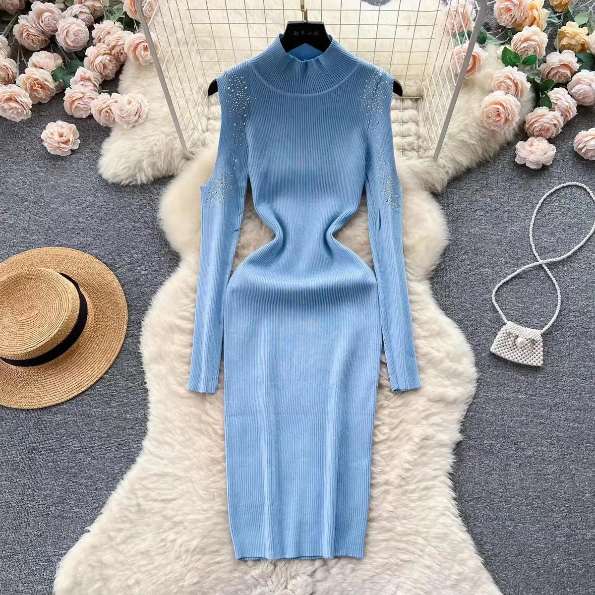 Autumn Elegant Half High Neck Long Sleeves Hollow Out Diamonds Hip Wrap Dress 2023 Fashion Slim Knitted Midi Dress French Simple