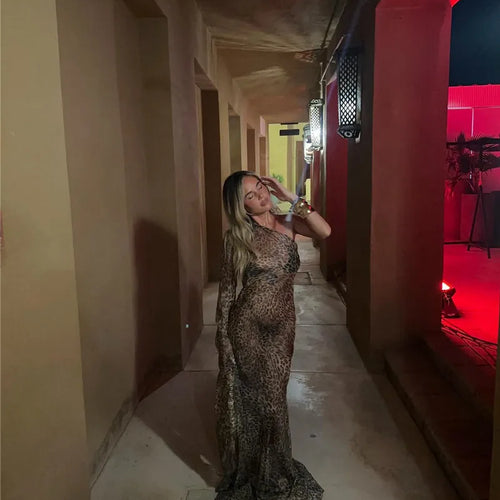 Load image into Gallery viewer, One Shoulder Leopard Print Maxi Dress Women Inclined Shoulder Backless Beach Holiday Vacation Club Sexy Long Dress
