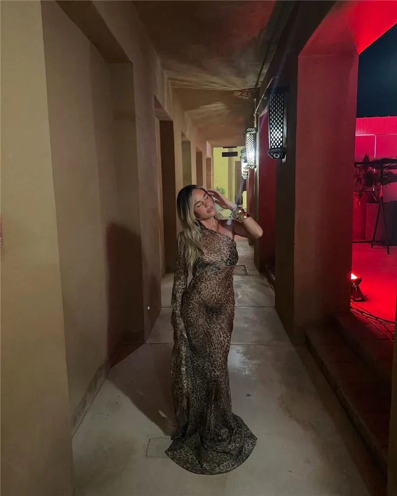 One Shoulder Leopard Print Maxi Dress Women Inclined Shoulder Backless Beach Holiday Vacation Club Sexy Long Dress