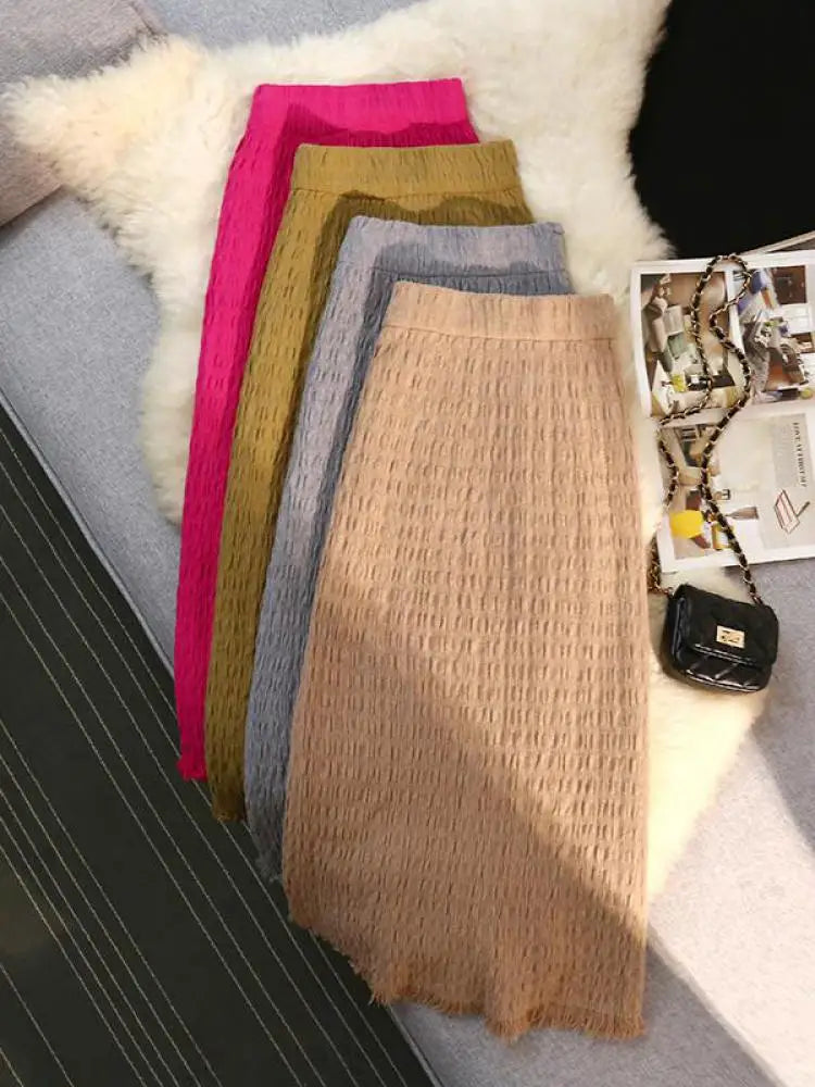 Women Solid Straight Slim Knitted Midi Skirt 2023 Autumn Winter Vintage Elegant Elastic High Waist Tassel Wrap Hip Skirts Female