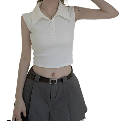 Load image into Gallery viewer, y2k Tank Top Women Summer Clothes Solid Color Turn Down Collar Buttons Sleeveless Tshirt Vest 2000s Clothing Streetwear
