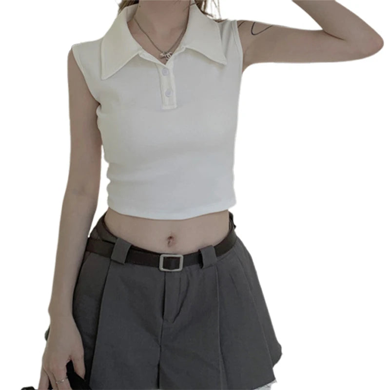 y2k Tank Top Women Summer Clothes Solid Color Turn Down Collar Buttons Sleeveless Tshirt Vest 2000s Clothing Streetwear