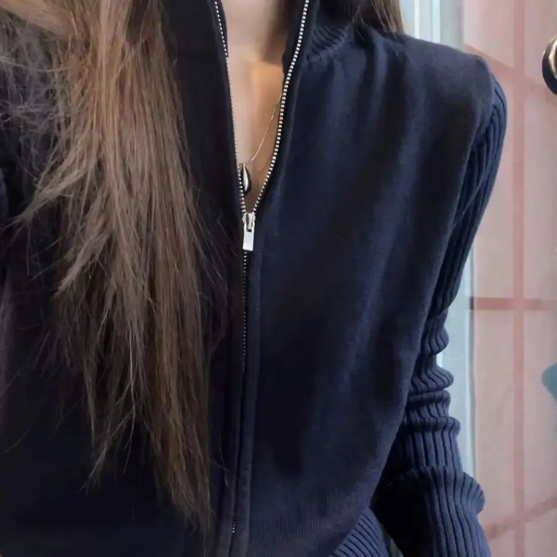 Korean Black Cardigan Coat Women's Clothes Zipper Stand Neck Sueter Mujer Thicked Fashion Casual Knitted Sweater Tops Pull Femme