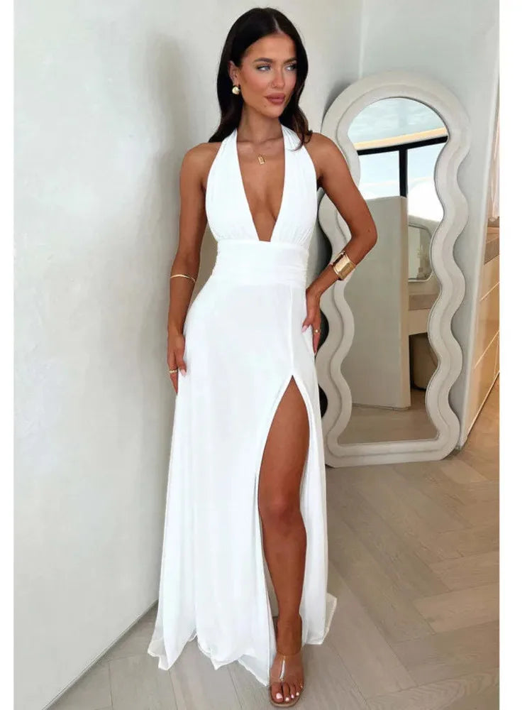 Elegant Sleeveless Open Back High Split Dress Women Slim Lace Up Evening Dress Female Elegance Club Party Vestidos 2024