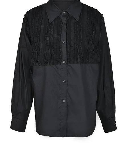 Women White Lace Pleated Big Size Blouse New Lapel Long Sleeve Loose Fit Shirt Fashion Spring Autumn 2025 1DF426001