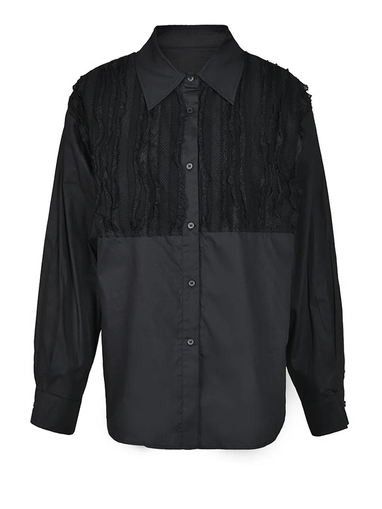 Women White Lace Pleated Big Size Blouse New Lapel Long Sleeve Loose Fit Shirt Fashion Spring Autumn 2025 1DF426001