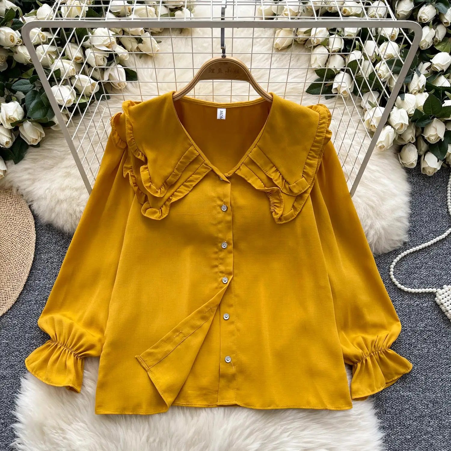 Autumn 2024 Vintage Women Sweet Solid Ruffles Shirts Fashion Ladies Long Sleeves Blouses Chic Single Breasted Tops Clothes Chic