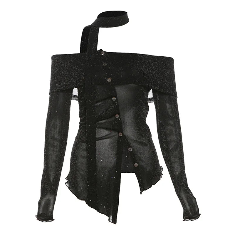 2025 Black Shiner Slash Neck Tees Vintage Irregular Single Breasted Harajuku Crop Tops Grunge Slim Women T-shirts Y2k Aesthetic