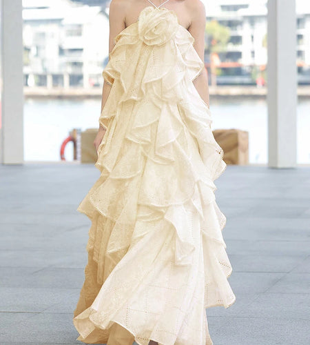 Elegant Patchwork Ruffle Maxi Dresses For Women Halter Collar Sleeveless Patchwork Floral Dress Female Fashion New