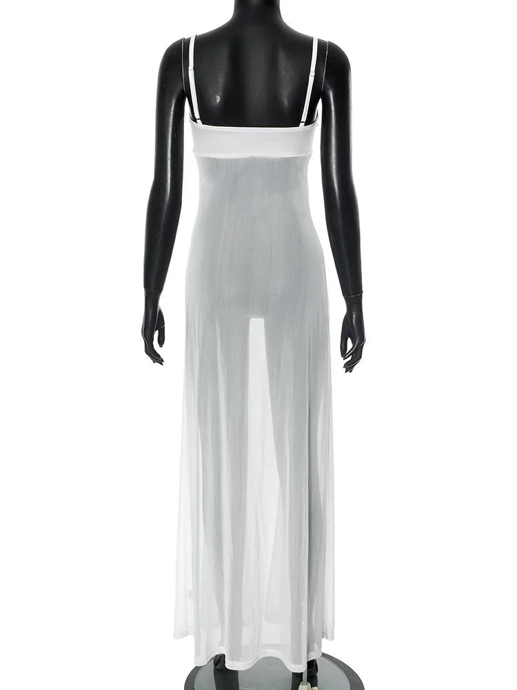 See Through Spaghetti Strap Sexy Maxi Dress For Women Gown Summer New Metal Buckle Sleeveless Backless Beach Long Dress
