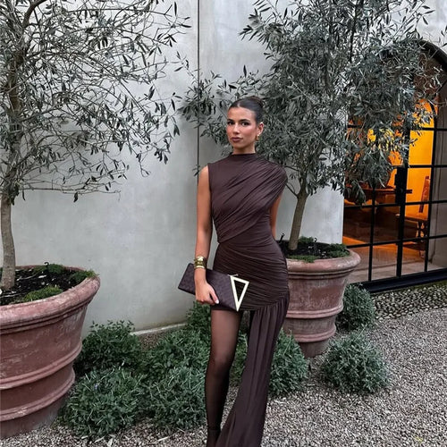 Load image into Gallery viewer, Irregular Draped Ruched Sexy Mini Dress For Women Elegant Turtleneck Sleeveless High Waist Pleated Club Party Dress
