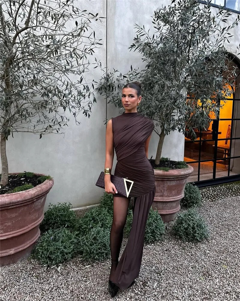 Irregular Draped Ruched Sexy Mini Dress For Women Elegant Turtleneck Sleeveless High Waist Pleated Club Party Dress