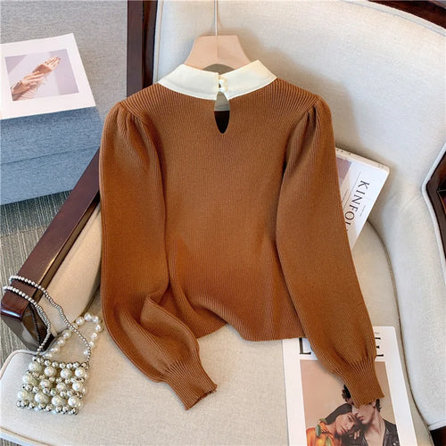 Load image into Gallery viewer, Black Patchwork Bow Collar Women Elegant Sweater Korean Chic Slim Knitted Long Sleeve Office Lady Pullover Top Autumn Winter New
