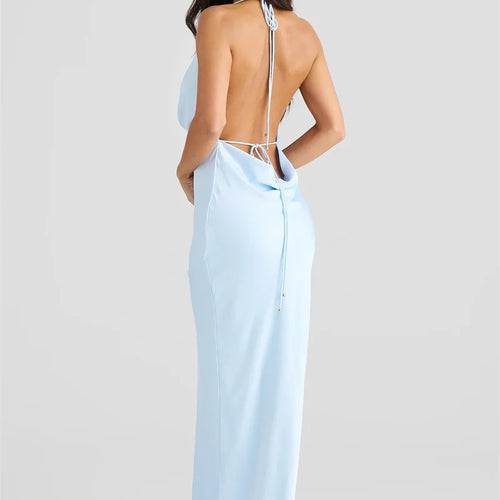 Load image into Gallery viewer, Satin Halter Backless Sexy Maxi Dress Women Gown Elegant Solid Sleeveless Lace-up High Waist Evening Club Long Dress
