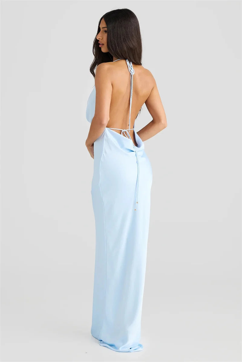 Satin Halter Backless Sexy Maxi Dress Women Gown Elegant Solid Sleeveless Lace-up High Waist Evening Club Long Dress