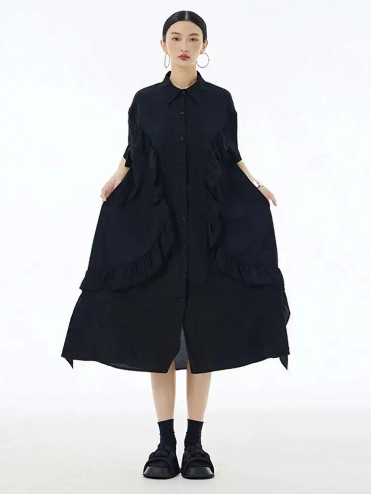 Women Green Irregular Ruffles Big Size Midi Shirt Dress New Lapel Short Sleeve Fashion Tide Spring Summer 2025 1DH6080