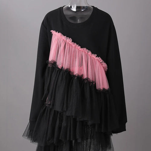 Load image into Gallery viewer, Women Balck Mesh Ruffles Irregular Big Size Mini Dress New Round Neck Long Sleeve Fashion Tide Spring Autumn 2025 CPG3045
