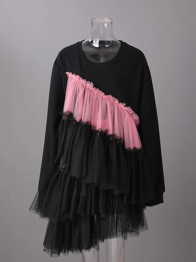 Women Balck Mesh Ruffles Irregular Big Size Mini Dress New Round Neck Long Sleeve Fashion Tide Spring Autumn 2025 CPG3045
