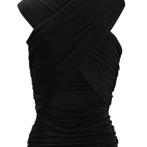 Load image into Gallery viewer, Women Black Cross Irregular Pleated Elegant T-shirt New Round Neck Sleeveless Fashion Tide Spring Summer 2025 CPDB102
