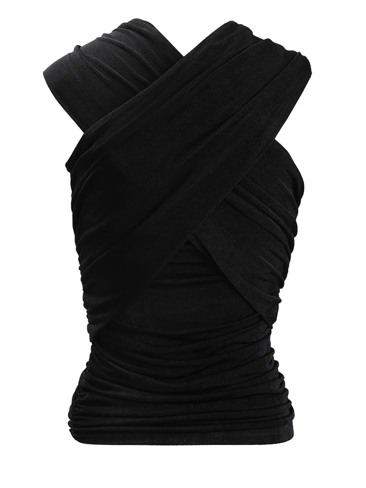 Women Black Cross Irregular Pleated Elegant T-shirt New Round Neck Sleeveless Fashion Tide Spring Summer 2025 CPDB102