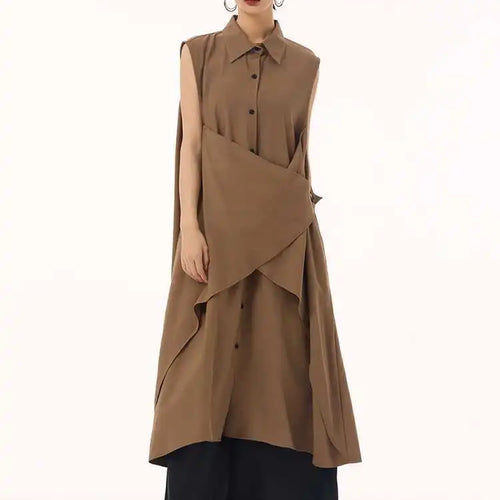 Load image into Gallery viewer, Women Khaki Irregular Spliced Big Size Midi Shirt Dress New Lapel Sleeveless Fashion Tide Spring Summer 2025 1DH9434
