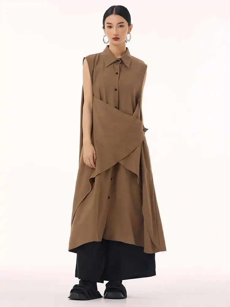 Women Khaki Irregular Spliced Big Size Midi Shirt Dress New Lapel Sleeveless Fashion Tide Spring Summer 2025 1DH9434