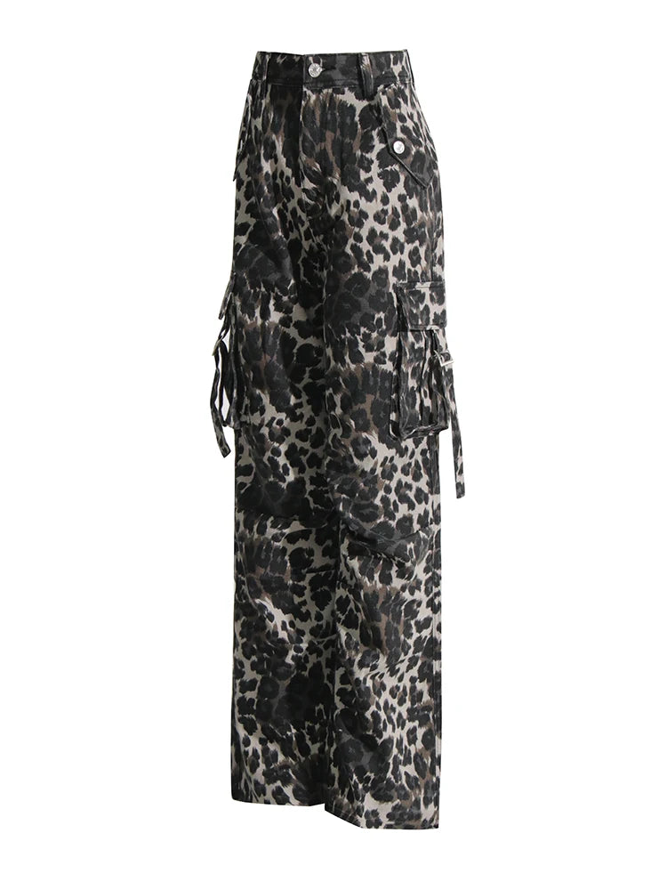 Colorblock Leopard Printing Casual Loose Pants For Women High Waist Spliced Pockets Streetwear Wide Leg Pant Female