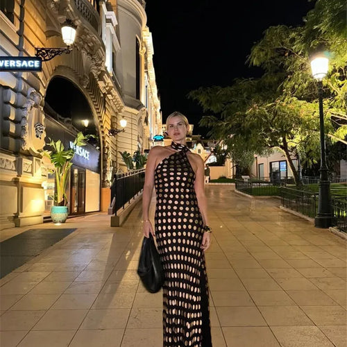 Load image into Gallery viewer, Round Plaid Printed Maxi Dress For Women Gown Halter Off-shoulder Sleeveless Backless Evening Club Long Dress Elegant
