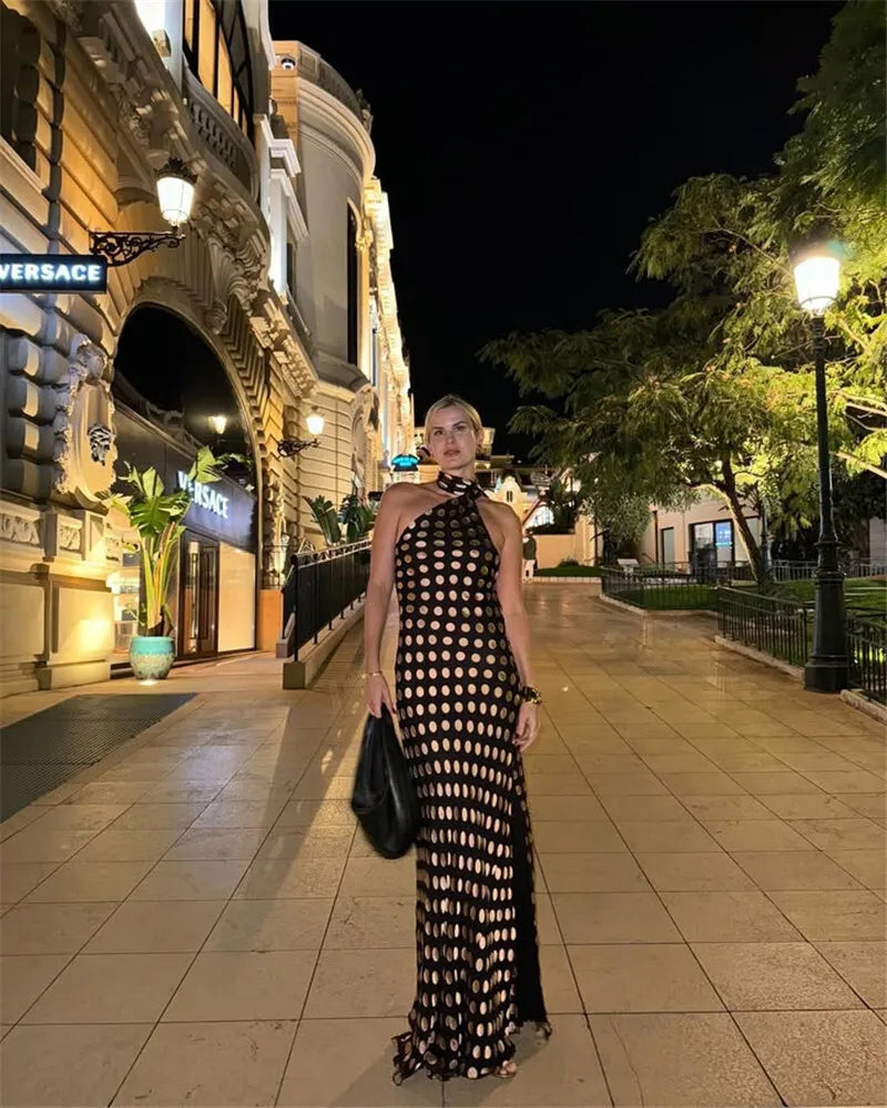 Round Plaid Printed Maxi Dress For Women Gown Halter Off-shoulder Sleeveless Backless Evening Club Long Dress Elegant
