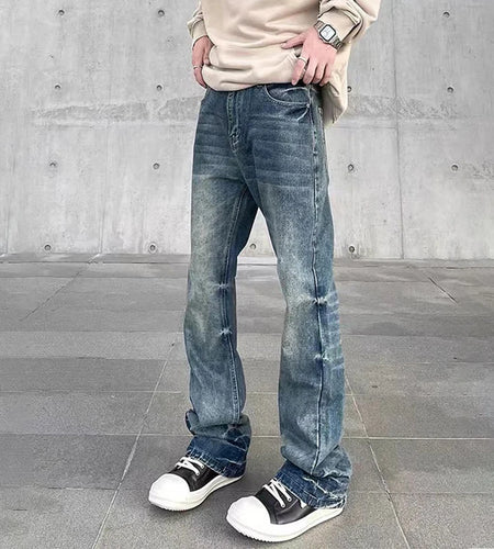 Men's Jeans New American Washed Vintage Design Men's Solid Color High Street Slim Straight Micro Flared Trousers 9W1482