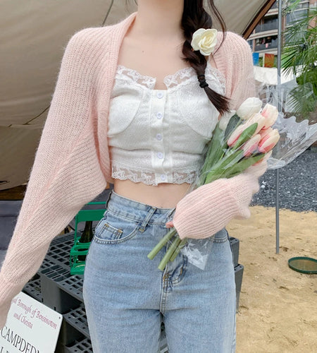 y2k Shrug 2000s Women Clothes Solid Color Long Sleeve Cropped Knitted Tops Sun Protection Cardigan Coquette Clothing