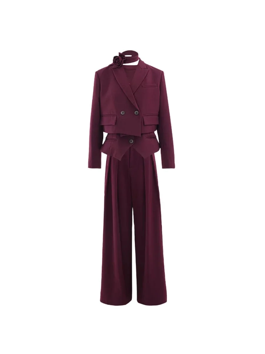 Solid Three  Piece for Women Lapel Long Sleeve Spliced Button Coat High Waist Pant Elegant Sets Female