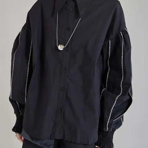 Load image into Gallery viewer, Women White Color-block Elegant Blouse New Lapel Long Lantern Sleeve Shirt Fashion Tide Spring Autumn 2025 1DH9890
