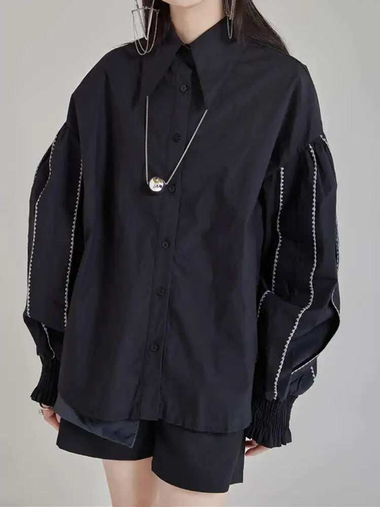 Women White Color-block Elegant Blouse New Lapel Long Lantern Sleeve Shirt Fashion Tide Spring Autumn 2025 1DH9890