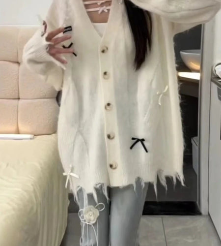 Loose Sweet Y2k Aesthetic Casual Cardigans Autumn Korean Fashion Bow Knitted Sweaters Hole Streetwear Women Grunge Coats 2025