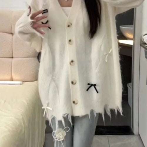 Load image into Gallery viewer, Loose Sweet Y2k Aesthetic Casual Cardigans Autumn Korean Fashion Bow Knitted Sweaters Hole Streetwear Women Grunge Coats 2025
