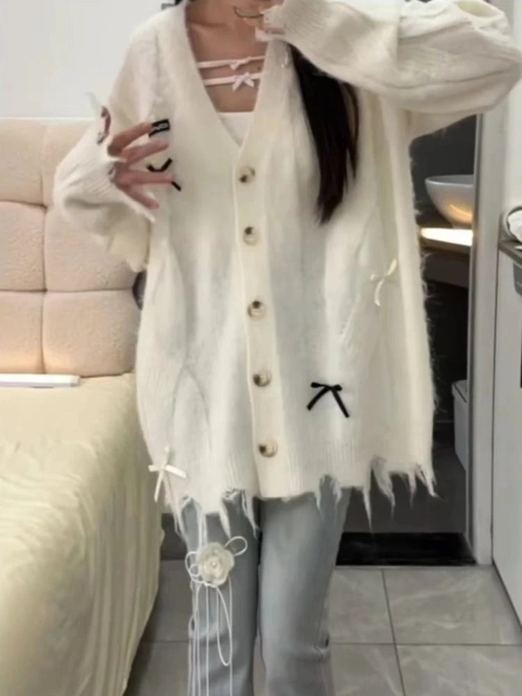 Loose Sweet Y2k Aesthetic Casual Cardigans Autumn Korean Fashion Bow Knitted Sweaters Hole Streetwear Women Grunge Coats 2025
