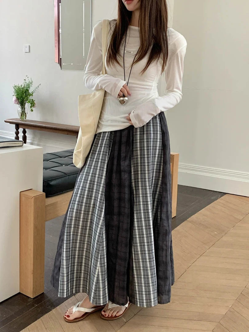 High Elastic Waist Gray Plaid Spliced Vintage A-line Half-body Skirt Women Fashion Tide New Spring Autumn 2025 1DJ1478