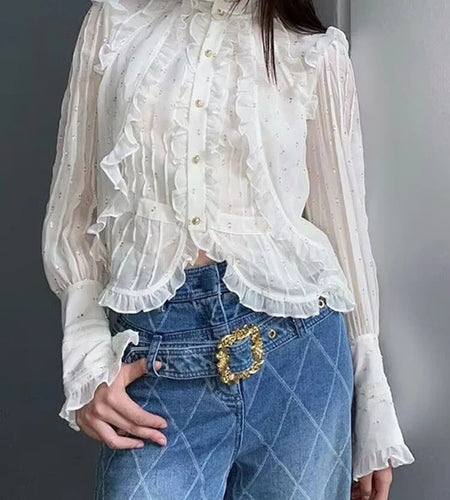 Solid Patchwork Diamonds Elegant Blouses For Women Stand Collar Long Sleeve Splicced Ruffles Blouse Female Fashion
