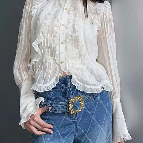 Load image into Gallery viewer, Solid Patchwork Diamonds Elegant Blouses For Women Stand Collar Long Sleeve Splicced Ruffles Blouse Female Fashion
