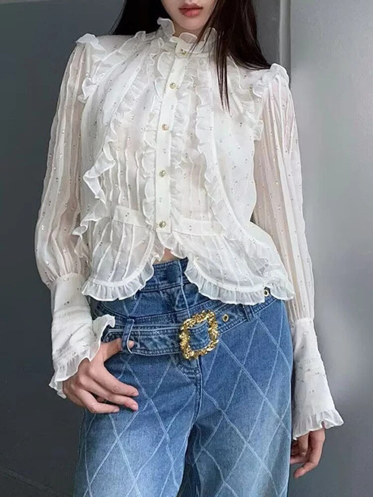 Solid Patchwork Diamonds Elegant Blouses For Women Stand Collar Long Sleeve Splicced Ruffles Blouse Female Fashion