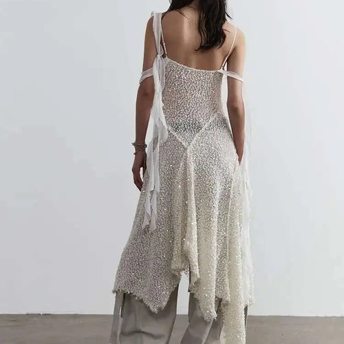 Load image into Gallery viewer, Women Beige Burr Perspective Sequins Irregular Long Spaghetti Strap Dress New Fashion Tide Spring Autumn 2025 1DH4725
