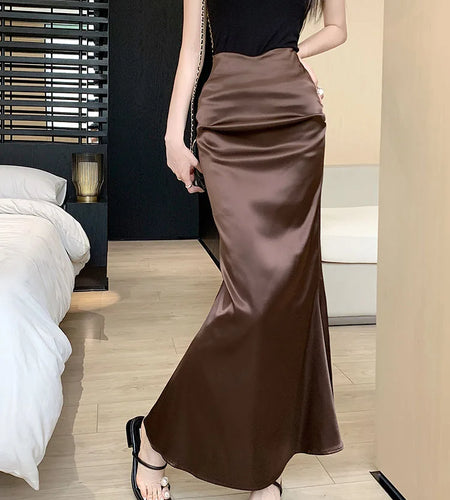 Black Office Pleated Fishtail Long Skirts Spring Summer Women 2024 Korean Version Brown High Waist Elegant Wrap Hip Skirt Ladies