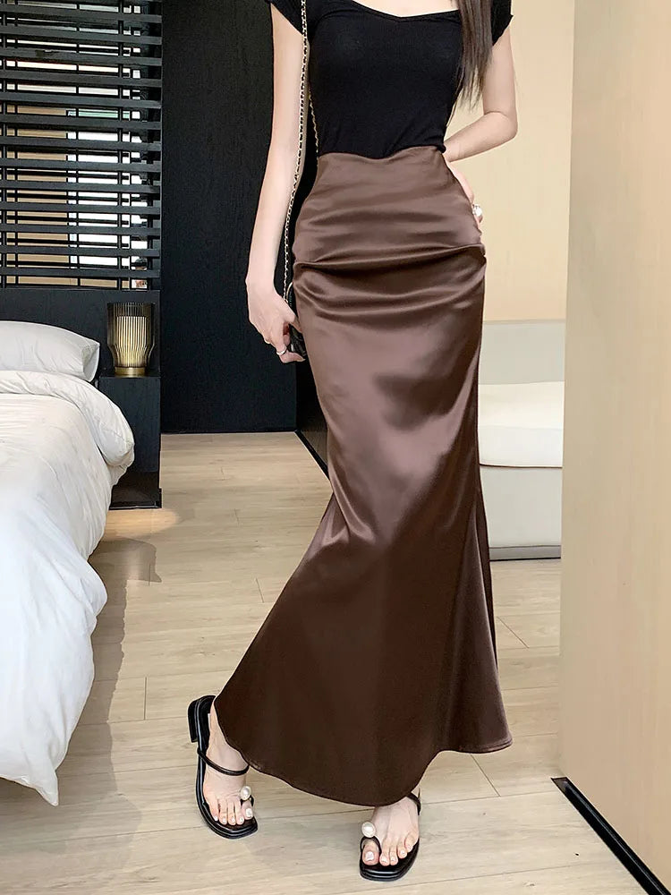 Black Office Pleated Fishtail Long Skirts Spring Summer Women 2024 Korean Version Brown High Waist Elegant Wrap Hip Skirt Ladies