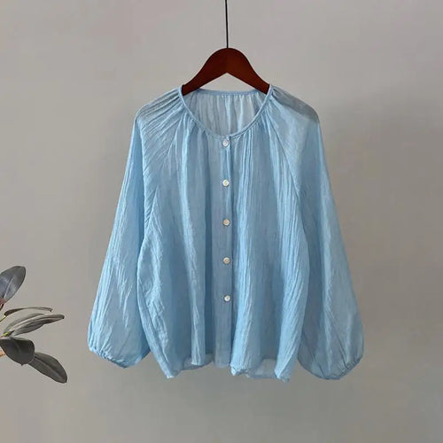 Load image into Gallery viewer, Retro Round Neck Blouse Women Spring Summer Solid Pleated Shirt Fashion Holiday Long Sleeve Top 2024 Casual Loose Sun Protection

