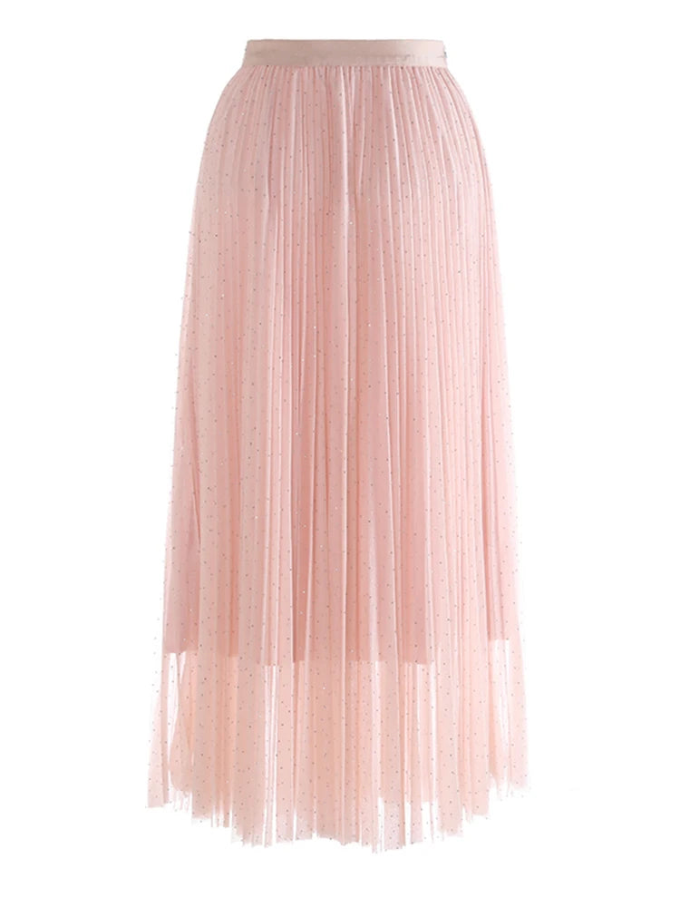 High Elastic Waist Black Pleated Rhinestones Shining Half-body Skirt Women Fashion Tide New Spring Autumn 2025 1DJ1271