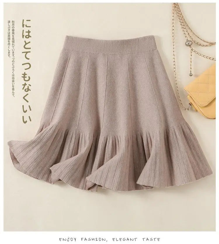 Korean Fashion Autumn Winter Warm Women Solid Knitted Short Skirt High Waist Ruffle Edge A-line Pleated Skirt 2024 New Versatile